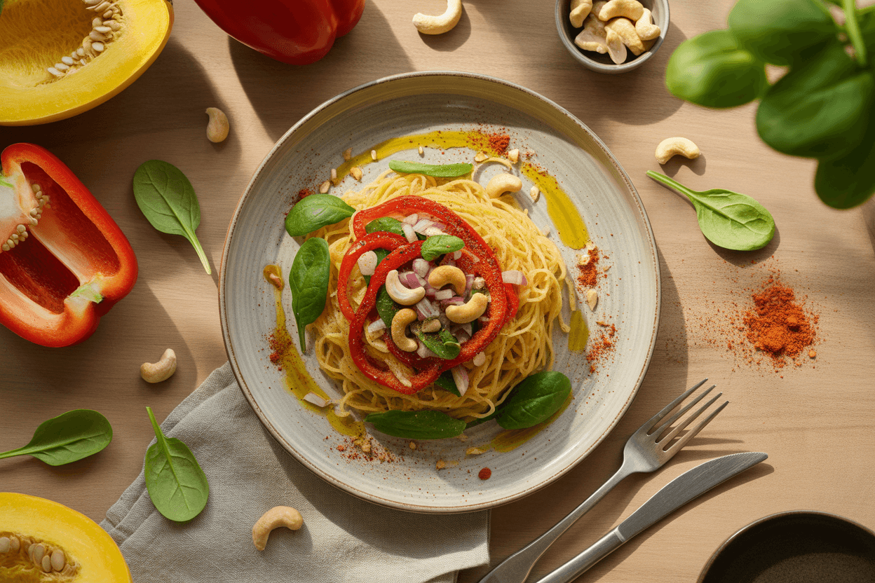 Gerösteter Spaghetti-Kürbis mit Paprika und Cashews