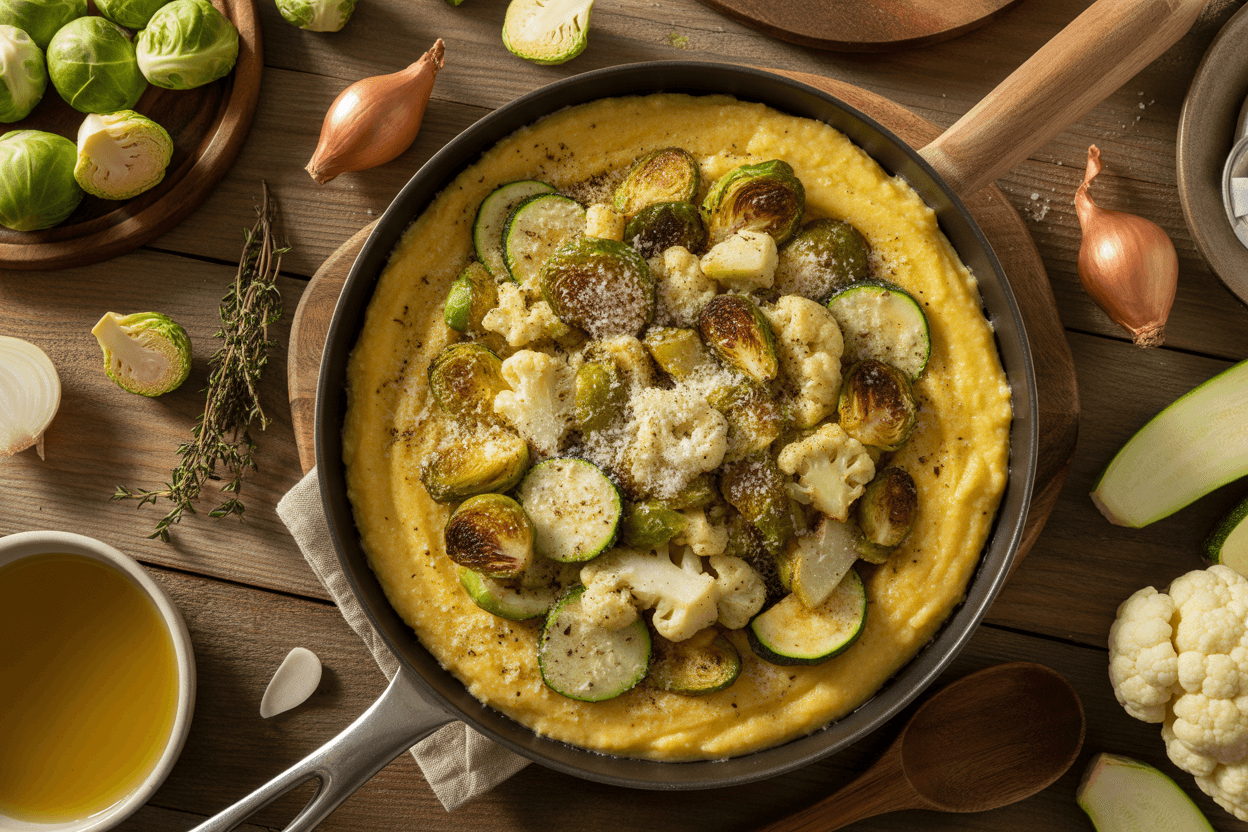 Herzhafte Polenta-Gemüsepfanne mit Rosenkohl