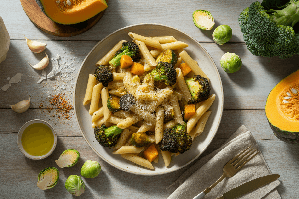 Penne mit Brokkoli, Rosenkohl und Kürbis in Knoblauchöl