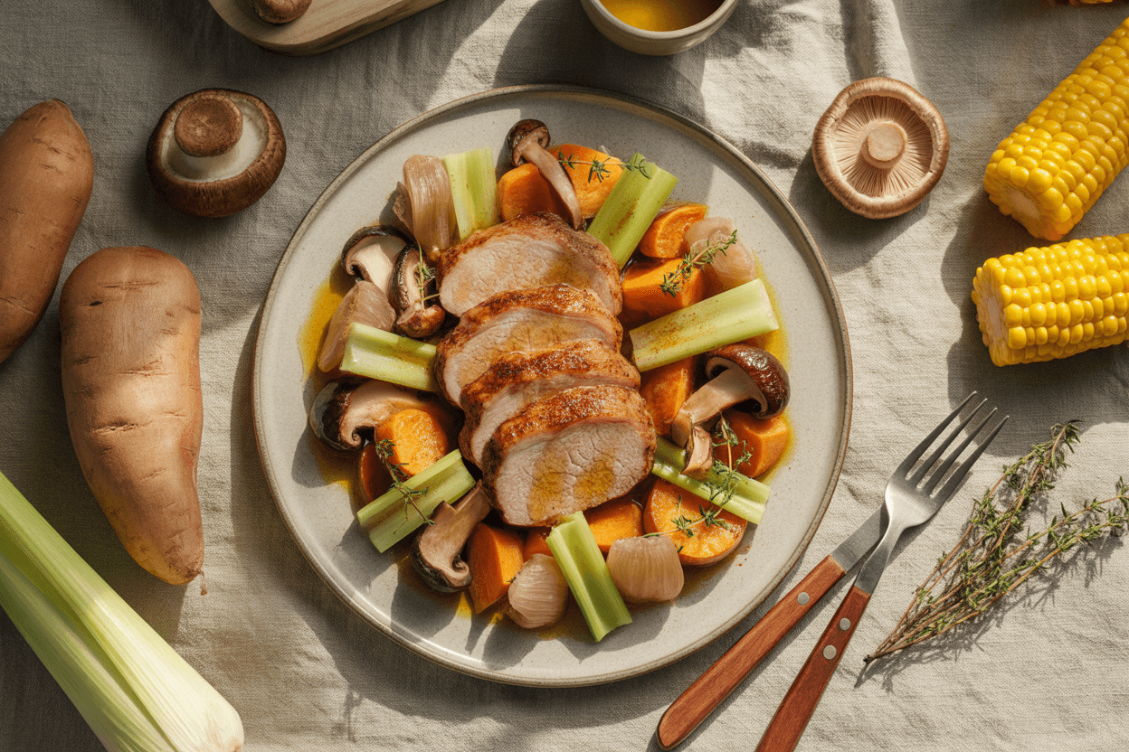Schweinefilet mit Süßkartoffel, Shiitake und Selleriepfanne