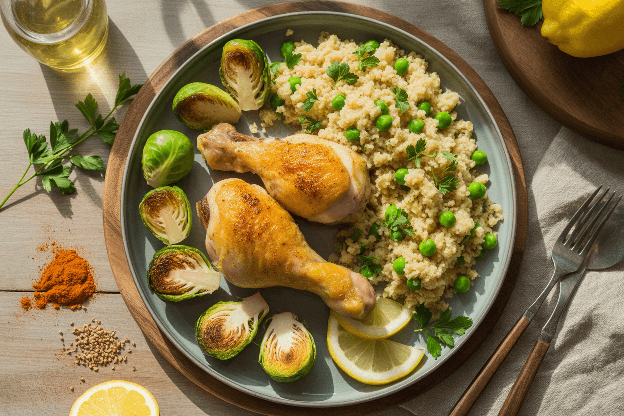 Zitronige Hähnchenkeulen mit Couscous und Rosenkohl